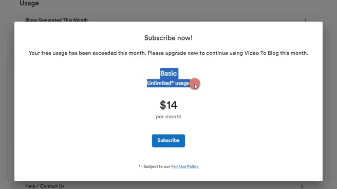 VideoToBlogの使い方:YouTube動画からブログ記事を作るAIツール 料金プランは月14ドルです。現在 basicプランしかありません。いつでも解約が可能です