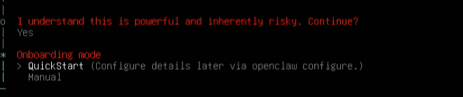 端末のプロンプトには、OpenClaw のリスクに関する警告、続行するためのオプション、QuickStart と Manual を選択できるオンボーディングモードの選択メニューが表示されます。.