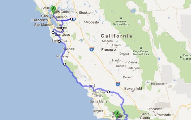 Map of California showing road trip route