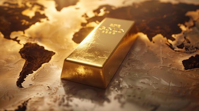 Goldmünzen, Goldbarren, Goldmarkt (Bild: Goldreporter) Goldbarren auf Weltkarte – Symbolbild für Goldpreis-Entwicklung 2025