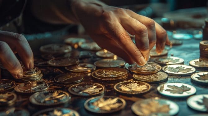 Verkäufer im Edelmetall-Handel sortiert Goldmünzen Verkäufer im Edelmetall-Handel sortiert Goldmünzen