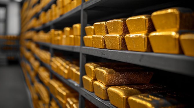 Goldbarren in Regalen, wie sie für Gold-ETFs wie den SPDR Gold Shares in London gelagert werden