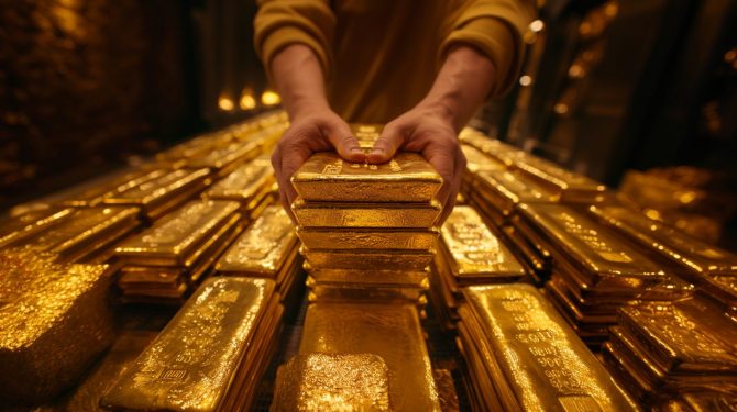 GLD Kapitalströme und steigender Goldpreis im November 2025 Hände bewegen gestapelte Goldbarren im Tresor – Symbol für Veränderungen der GLD-Bestände