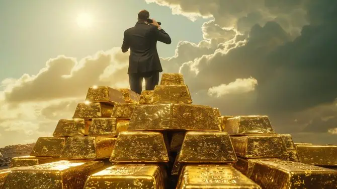 Mann auf Goldbarren blickt mit Fernglas in die Zukunft des Goldpreises 2026 Mann auf Goldbarren blickt mit Fernglas in die Zukunft des Goldpreises 2026