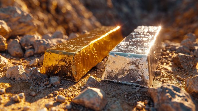 Gold- und Platinbarren nebeneinander als Symbol für Südafrikas Rohmetallmarkt