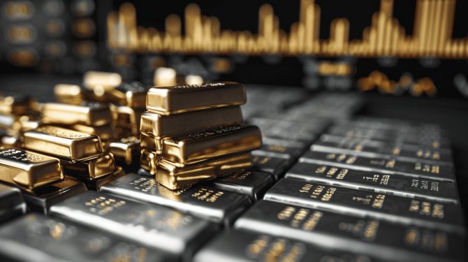 GLD Kapitalströme und steigender Goldpreis im November 2025 Gold- und Silberbarren mit unscharfen Finanzcharts im Hintergrund – steigende Preise und hohe ETF-Abflüsse