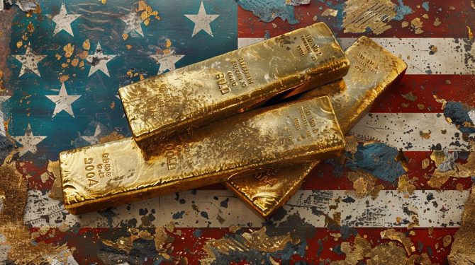 Goldbarren auf US-Flagge – Symbol für Goldpreis und Terminmarkt in den USA
