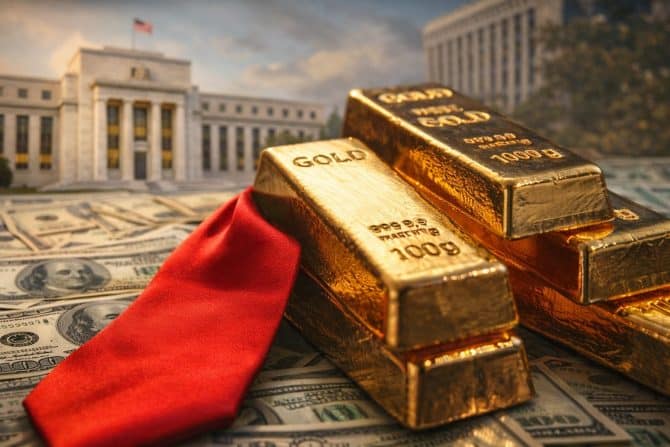 Goldbarren vor US-Dollar-Banknoten und Fed-Gebäude