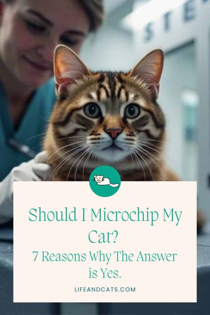 Does My Cat Need a Microchip? 7 Clear Reasons Most Cats Should Have One 6 pinterest graphic featuring a brown tabby being microchipped by a vet. Does my cat need a microchip? 7 Reasons the answer is yes