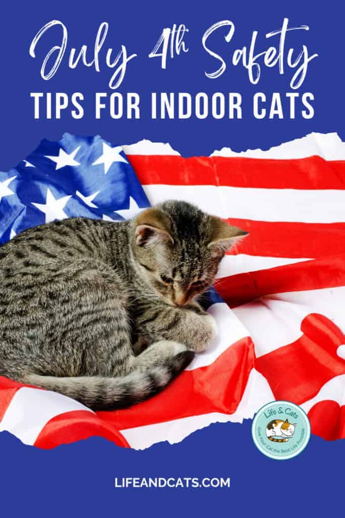 Pinterest graphic reading July 4th Safety Tips for Indoor Cats and featuring a brown tabby cat on a flag colored background