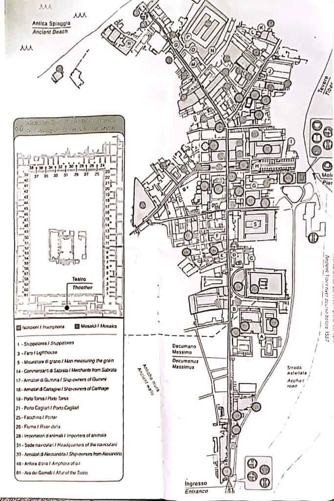 Tourist map of the Ostia Antica archaeological site showing key ruins, paths, and landmarks like the Decumanus Maximus and ancient theatre layout.