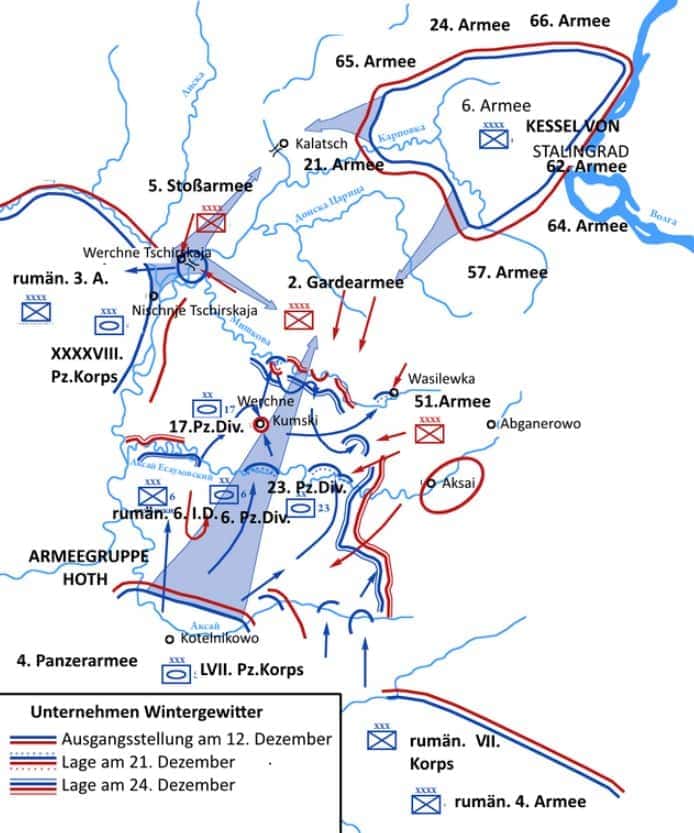 Kaart van Operatie Winterstorm in december 1942, die de Duitse poging toont om het 6e Leger bij Stalingrad te ontzetten.