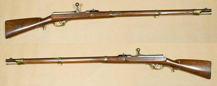 Dreyse naaldgeweer, model 1841, Pruisen. Uit de collectie van het Armémuseum (Zweeds Legermuseum), Stockholm.