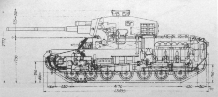 Type 4 Chi-To Tank Ontwerp, 1945 Japanse Type 4 Chi-To tank, dwarsdoorsnede van productiemodel, ontwerp van Mitsubishi, 1945, toont interieur en bepantsering.