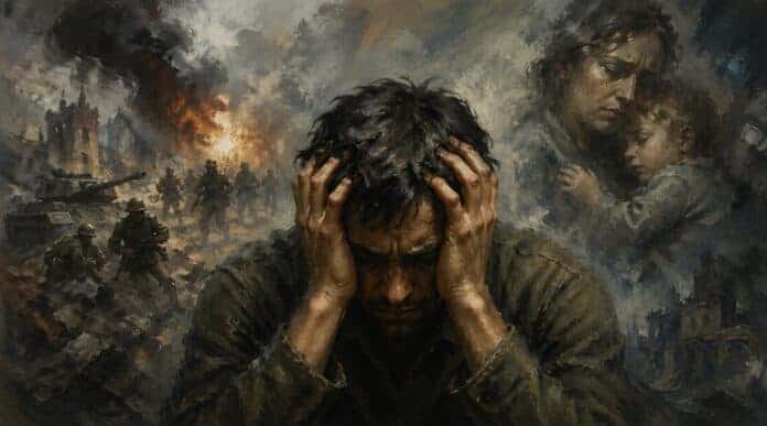 Soldaat zit met handen aan hoofd terwijl oorlogsscènes en herinneringen vervagen op achtergrond als visuele weergave van PTSS