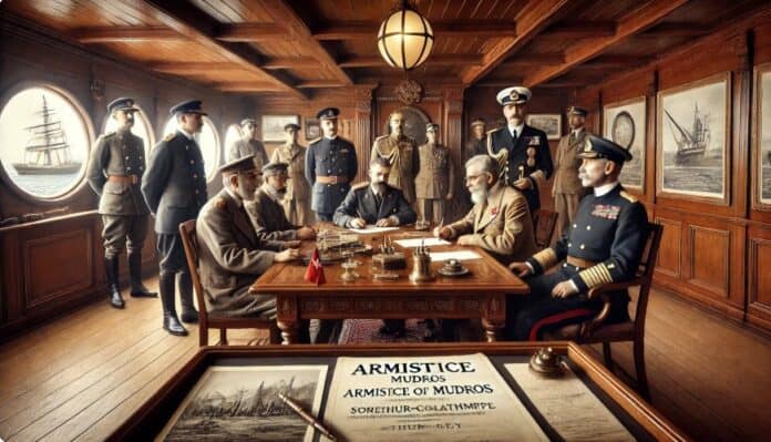 Ondertekening van de Wapenstilstand van Mudros in 1918 aan boord van HMS Agamemnon, met Ottomanen en Britten in een diplomatieke setting.
