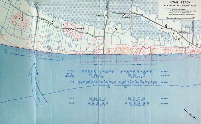 Kaart van Utah Beach met landingszones en opmarsroutes tijdens D-Day in Normandië, 6 juni 1944