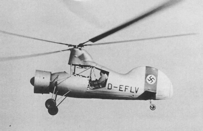 Flettner Fl 265 in volle vlucht De Flettner Fl 265, een experimentele Duitse helikopter uit 1938, in volle vlucht, met zijn karakteristieke synchropterontwerp.