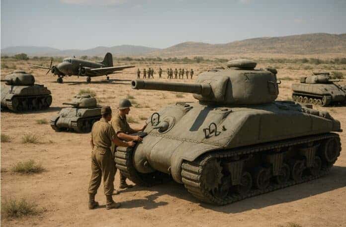 Afbeelding Operatie Zeppelin – Dummy tanks en misleiding 1944 Soldaten pompen opblaasbare Sherman-tanks op in de woestijn tijdens Operatie Zeppelin, onderdeel van geallieerde misleiding 1944.