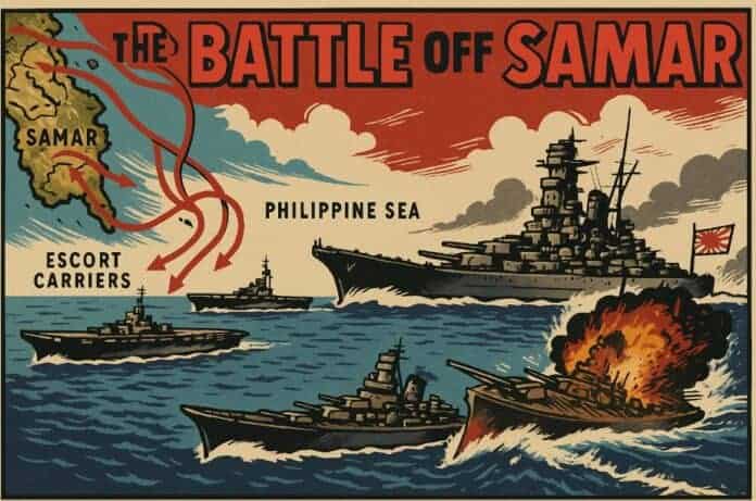 Propaganda-illustratie van de Slag bij Samar met escortcarriers, Japanse slagschepen en kaart van de Filipijnse Zee.