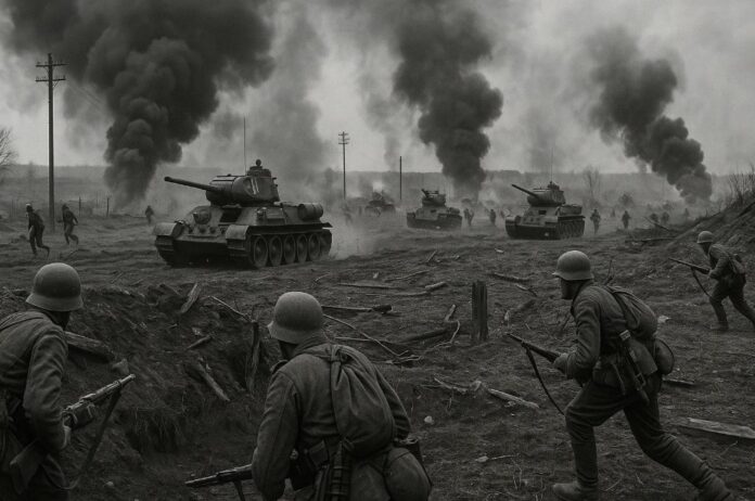 Sovjettanks en infanterie vallen aan op Duitse stellingen tijdens de Slag om de Seelower Hoogten in april 1945.