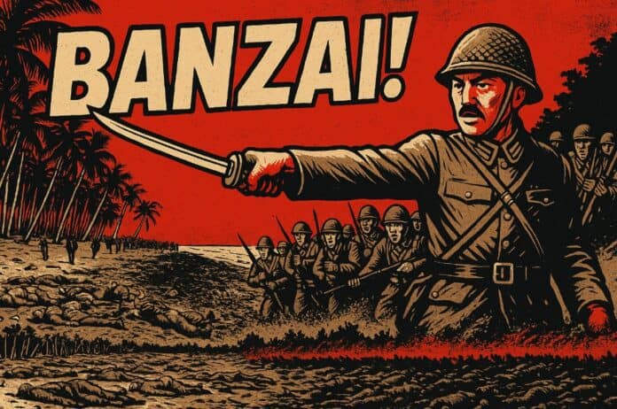 Streetart-muurschildering met Japanse soldaten in banzai-charge onder de kreet “BANZAI!”, uitgevoerd in rood, zwart en beige tinten.