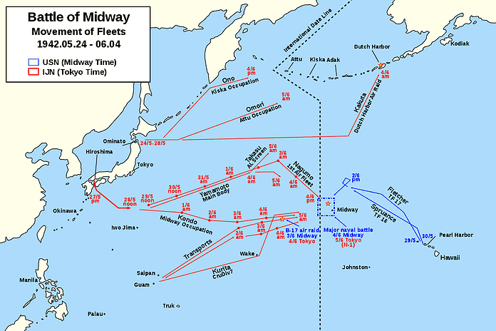 Kaart met vlootbewegingen voorafgaand aan de Slag bij Midway, 24 mei - 5 juni 1942, met belangrijke strategische manoeuvres.