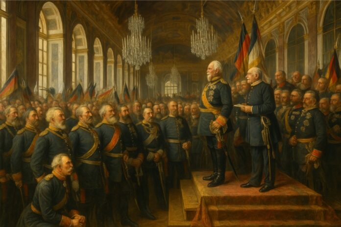 Proclamatie van het Duitse Keizerrijk in Versailles (1871) 3. Caption (onderschrift): Keizer Wilhelm I en Bismarck tijdens de uitroeping van het Duitse Keizerrijk in de Spiegelzaal van Versailles, 1871.