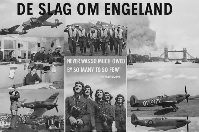 Beeldcollage: De Slag om Engeland in zwart-wit Collage over de Slag om Engeland met piloten, vliegtuigen, bombardementen, radar en Churchill’s beroemde citaat.
