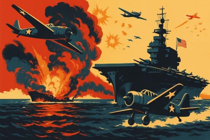 Amerikaanse vliegdekschepen en vliegtuigen vallen Japanse schepen aan tijdens de Slag in de Koraalzee, met explosies op zee.