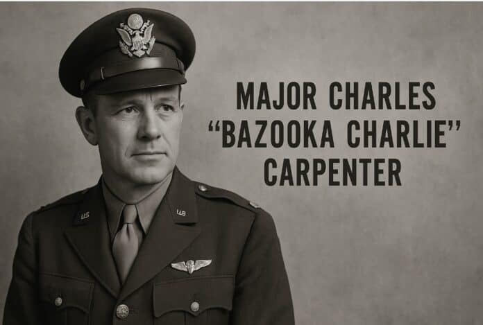 Fictieve zwart-witportret van Majoor Charles "Bazooka Charlie" Carpenter in uniform, ter illustratie van zijn oorlogsverhaal.