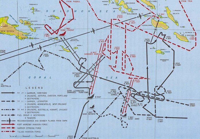 Kaart van de Slag in de Koraalzee toont posities en bewegingen van Japanse en geallieerde vloten van 3 t/m 8 mei 1942.