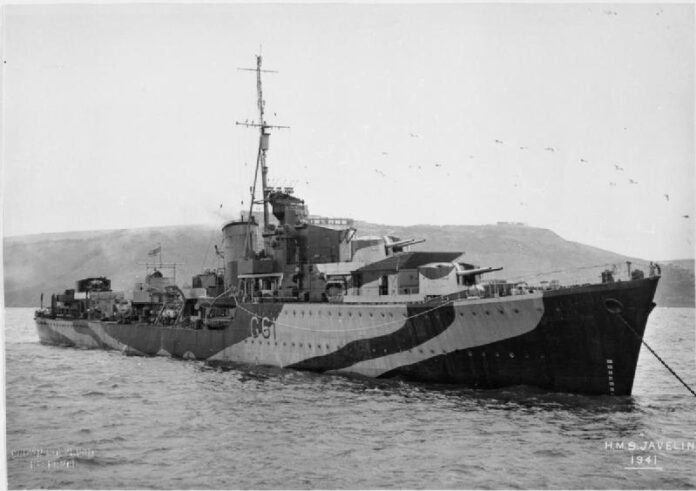 Britse torpedobootjager HMS Javelin tijdens de Tweede Wereldoorlog Foto van de Britse torpedobootjager HMS Javelin, onderdeel van de J-klasse, in actieve dienst tijdens de Tweede Wereldoorlog.