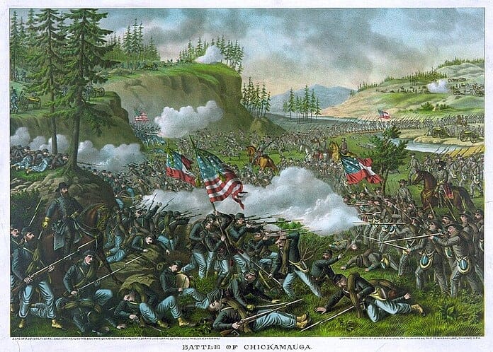 Soldaten van de Unie en Confederatie vechten in dichte bossen tijdens de Slag bij Chickamauga in Georgia, september 1863.