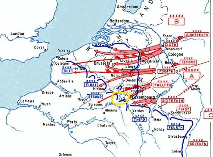 Kaart van Plan Gelb met Sedan als strategisch doorbraakpunt Kaart van Plan Gelb tijdens de Duitse inval in Frankrijk, met de strategische locatie van Sedan geel gemarkeerd op de route.