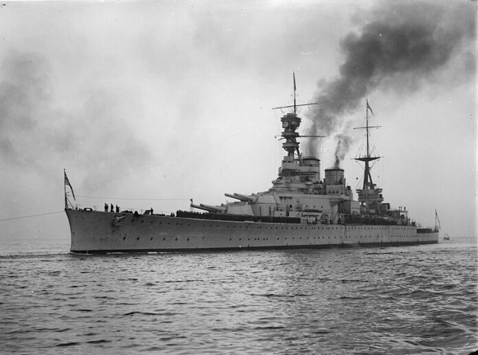 HMS Renown in 1920, a British battlecruiser shown after her first reconstruction, with visible changes to her armament and design.