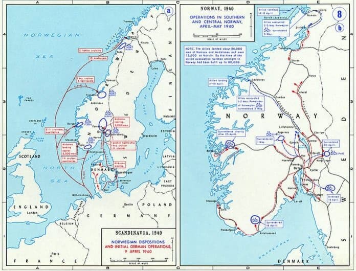 Kaart van Operatie Weserübung met Duitse aanvalsroutes op Noorwegen en Denemarken in april 1940 tijdens de Tweede Wereldoorlog.