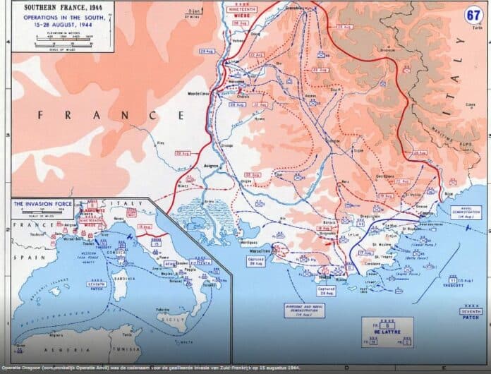 Kaart met geallieerde landingen en opmars in Zuid-Frankrijk in 1944, inclusief Duitse verdedigingslinies.