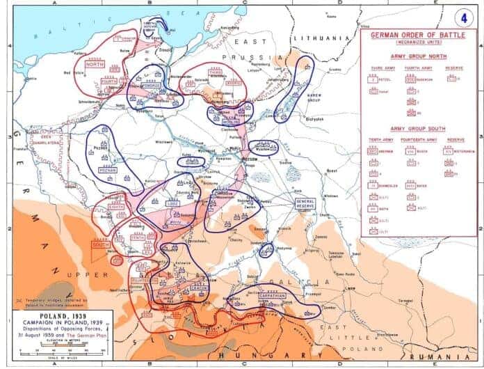 Duitse en Sovjet-troepen vallen Polen binnen tijdens de campagne van 1939, het begin van de Tweede Wereldoorlog.
