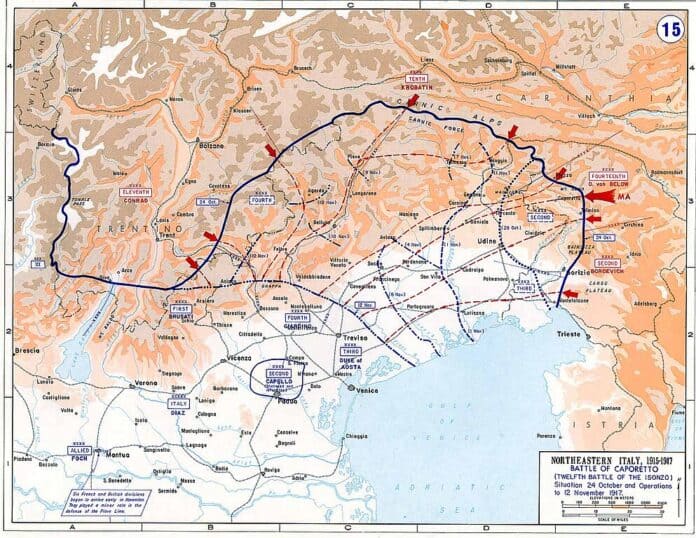 Kaart van het Italiaanse front tijdens de Eerste Wereldoorlog, met een focus op de Slag bij Caporetto en omliggende gebieden.