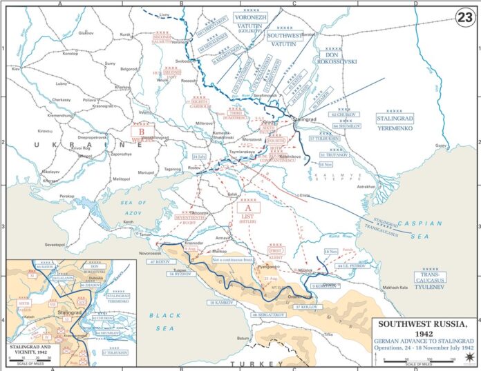 Kaart met Duitse opmars richting Stalingrad, tussen 24 juli en 18 november 1942, inclusief belangrijke steden en frontlijnen.