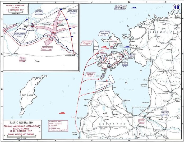Kaart van Operation Albion en Hutiers Aanval bij Riga, 1917 Kaart van Operation Albion, amfibische operaties op de Baltische eilanden (10-20 oktober 1917) en Hutiers aanval bij Riga (1-5 september 1917).