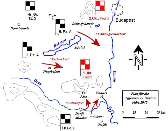 Schematische voorstelling van het Duitse offensief in Hongarije, maart 1945 Schematische weergave van het Duitse offensief in Hongarije, maart 1945, gebaseerd op werken van Hungváry en Puntigam.