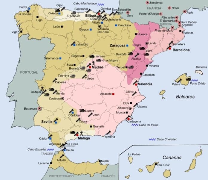 Kaart van Spanje tijdens de Spaanse Burgeroorlog (1936–1939), met gebieden van nationalisten en republikeinen en frontlijnen.