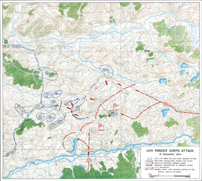 Kaart van de Slag bij Arracourt, 19 september 1944. Posities en bewegingen van Amerikaanse en Duitse troepen, strategische locaties gemarkeerd.