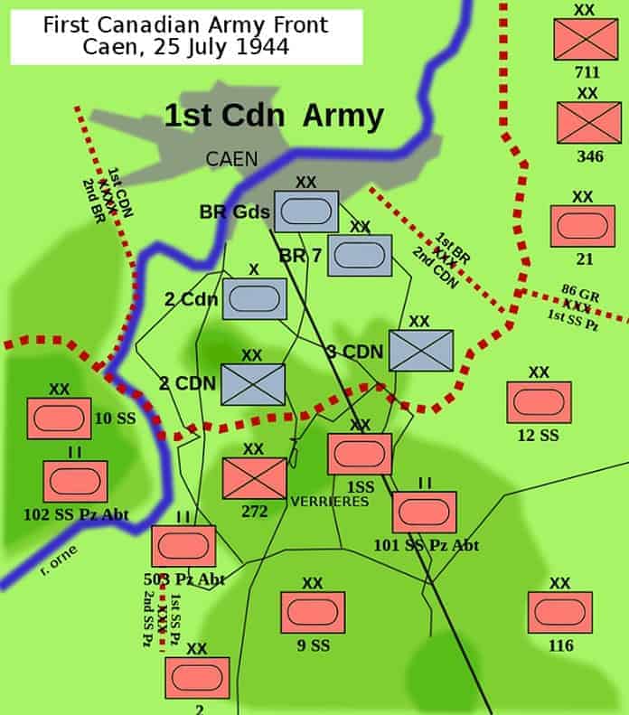 Operatie Spring: Canadese aanval in Normandië (25-27 juli 1944) met zware verliezen, vertraagde Duitse troepen, en ondersteunde geallieerde doorbraak.