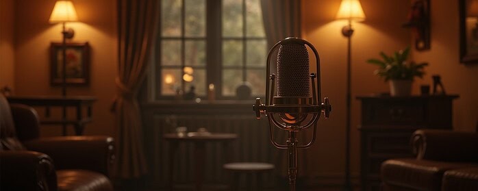 An old-fashioned sound recording studio with vintage microphones and cozy lighting, reminiscent of classic animation voice recording sessions.