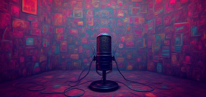 A sound booth with a microphone and pop filter surrounded by animation artworks and headphones