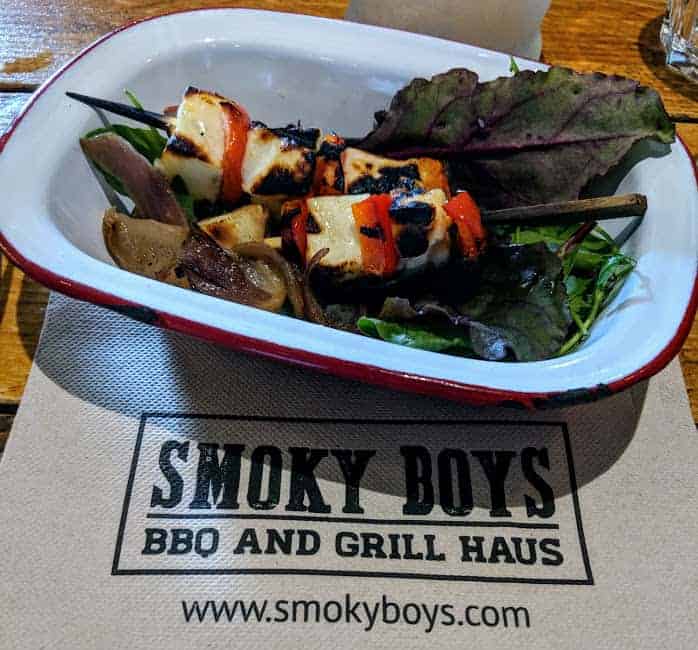 Halloumi skewers in red and white dish at Smoky Boys in Watford