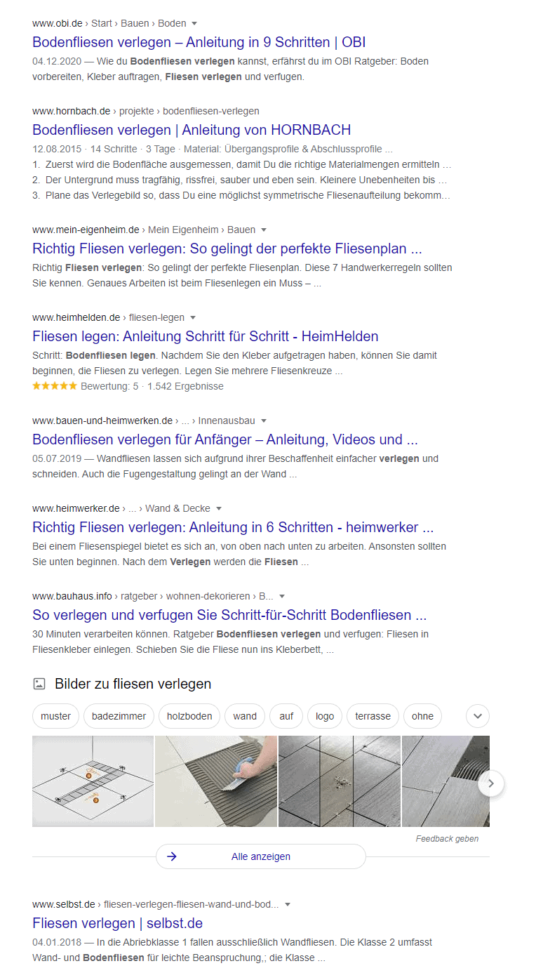 Screenshot der organischen SERPs von "fliesen verlegen"